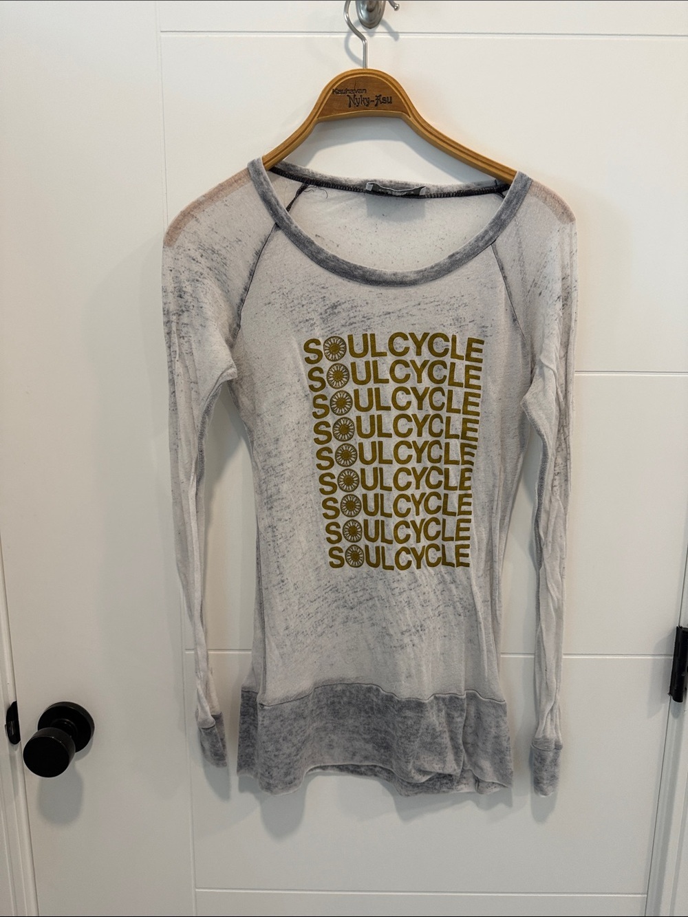 soulcycle Long Sleeve Tee in White with Gold Logo Stack size small